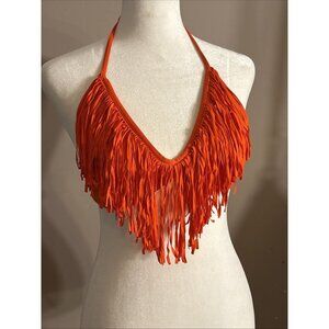 L*Space Fringe Triangle Bikini Top Orange Large Tie Spaghetti Straps Festival